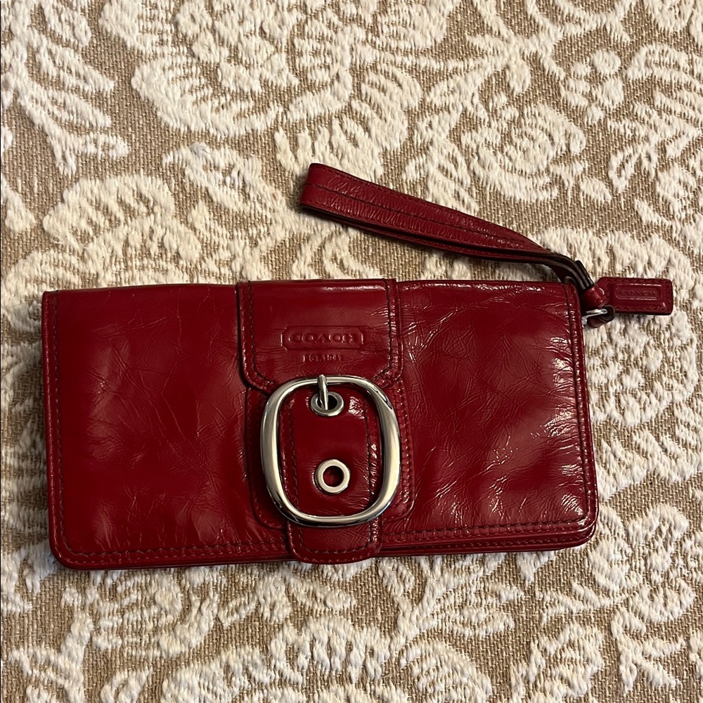 Coach Crimson Red Patent Leather Buckle Wristlet Wallet